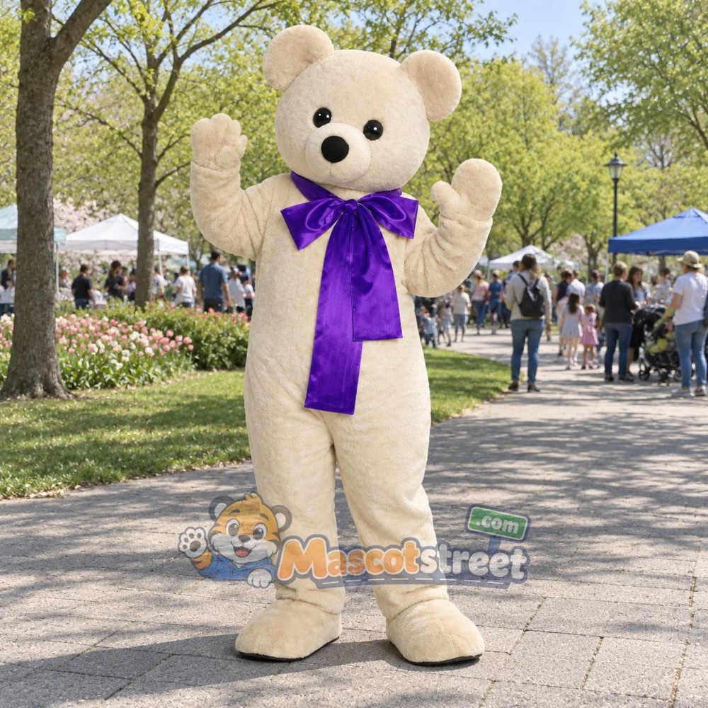 Tan Bear Mascot Costume with Purple Bow Tie and Scarf