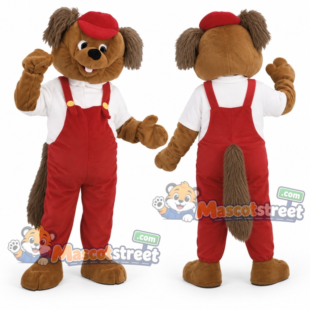 Brown Beaver Mascot Costume with Red Overalls and Cap Brown Beaver Mascot Costume with Red Overalls and Cap