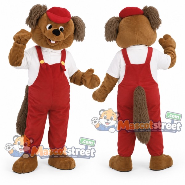 Brown Beaver Mascot Costume with Red Overalls and Cap