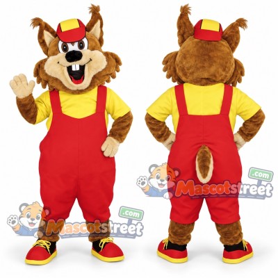 Brown Beaver Mascot Costume with Yellow Shirt, Red Overalls and Cap