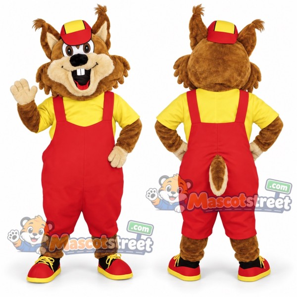 Brown Beaver Mascot Costume with Yellow Shirt, Red Overalls and Cap