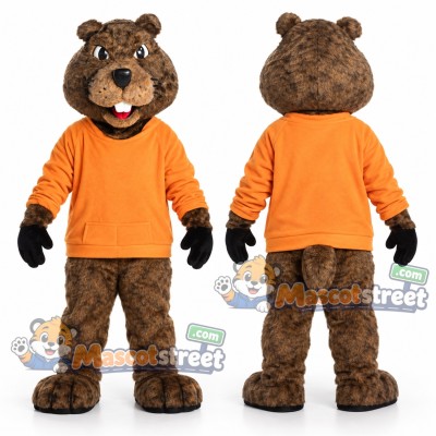 Brown Beaver Mascot Costume with Orange Shirt