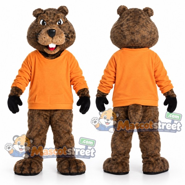 Brown Beaver Mascot Costume with Orange Shirt