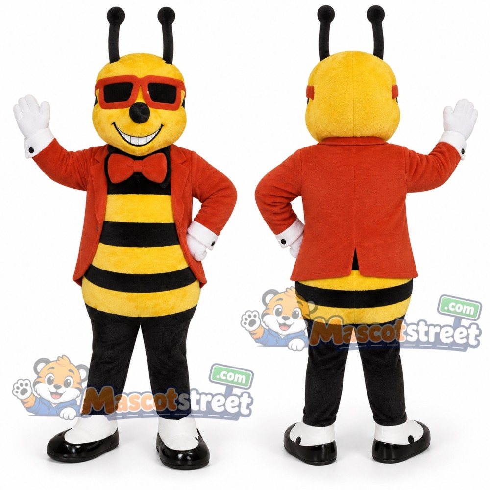 Yellow and Black Bee Mascot Costume with Red Jacket and Sunglasses Yellow and Black Bee Mascot Costume with Red Jacket and Sunglasses