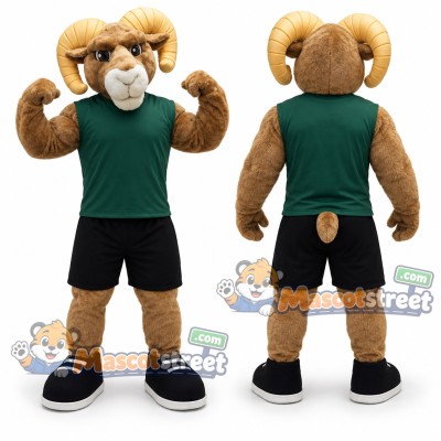 Brown Ram Mascot Costume with Green Shirt and Black Shorts