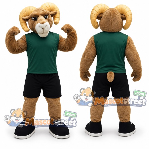 Brown Ram Mascot Costume with Green Shirt and Black Shorts
