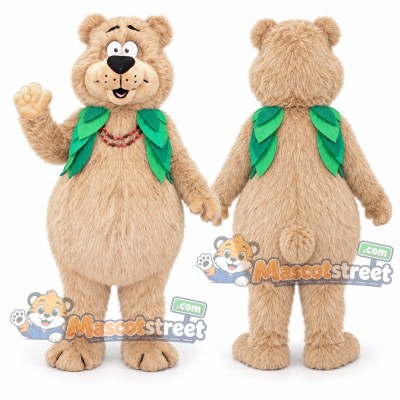 Tan Bear Mascot Costume with Green Scarf
