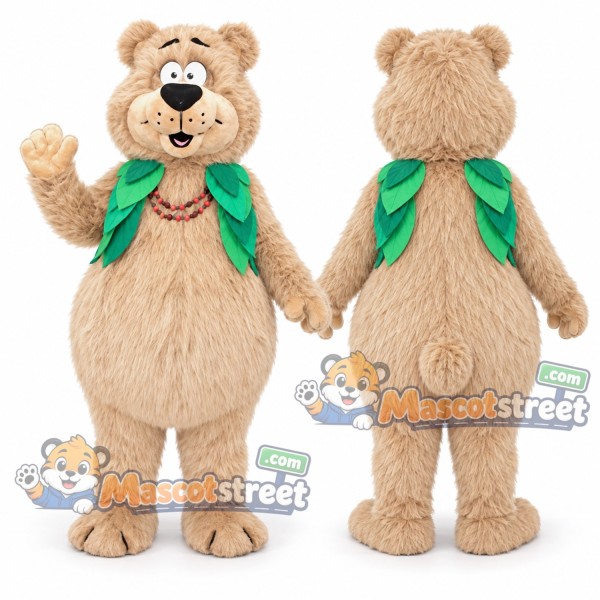 Tan Bear Mascot Costume with Green Scarf