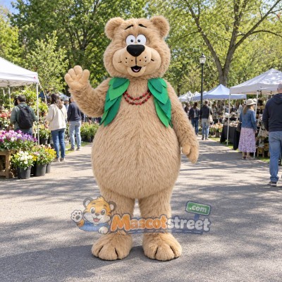 Tan Bear Mascot Costume with Green Scarf Tan Bear Mascot Costume with Green Scarf