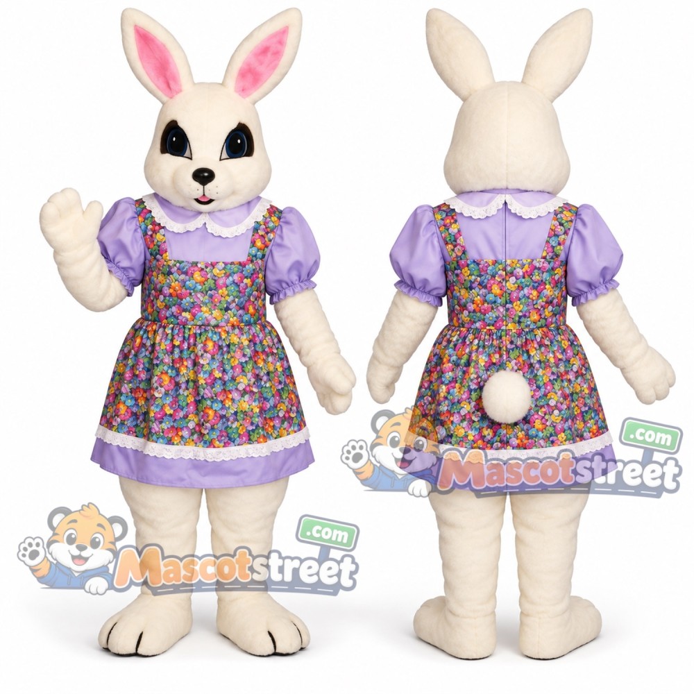 White Rabbit Mascot Costume with Purple Floral Dress White Rabbit Mascot Costume with Purple Floral Dress