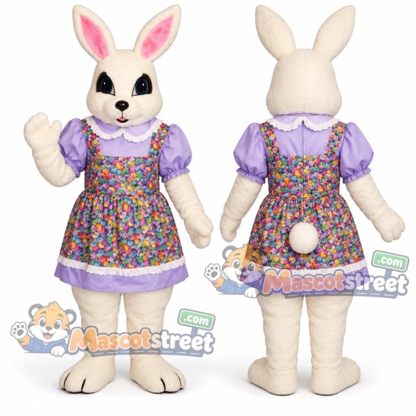 White Rabbit Mascot Costume with Purple Floral Dress