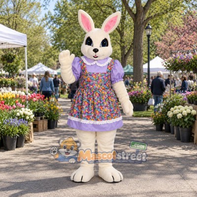 White Rabbit Mascot Costume with Purple Floral Dress White Rabbit Mascot Costume with Purple Floral Dress