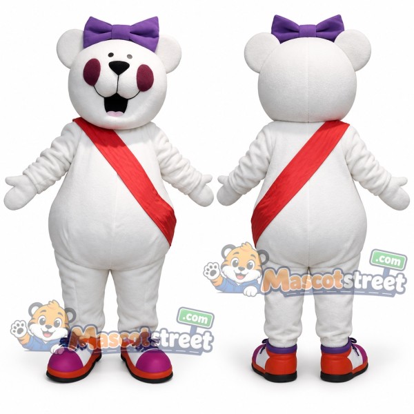 White Bear Mascot Costume with Red Sash and Purple Hair Bow