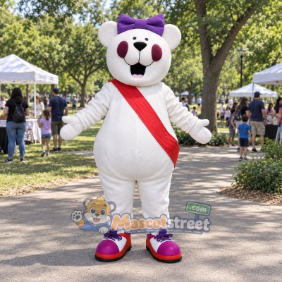 White Bear Mascot Costume with Red Sash and Purple Hair Bow