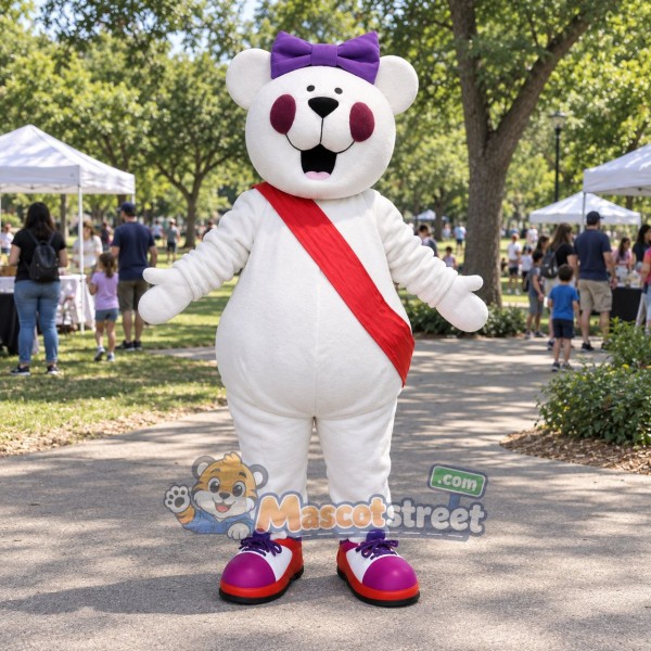 White Bear Mascot Costume with Red Sash and Purple Hair Bow