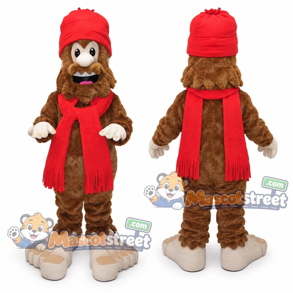 Brown Bigfoot Mascot Costume with Red Scarf and Hat Brown Bigfoot Mascot Costume with Red Scarf and Hat