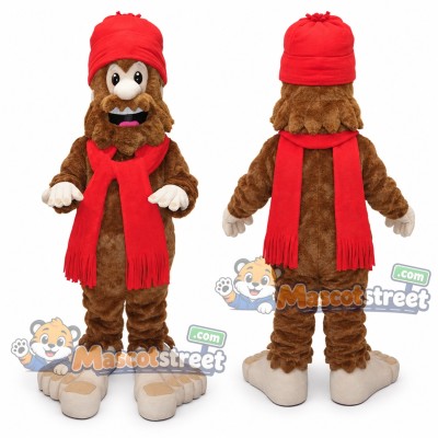 Brown Bigfoot Mascot Costume with Red Scarf and Hat Brown Bigfoot Mascot Costume with Red Scarf and Hat