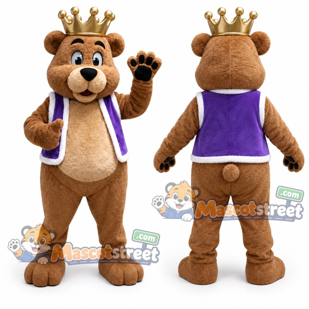 Brown Bear Mascot Costume with Purple Vest and Crown Brown Bear Mascot Costume with Purple Vest and Crown
