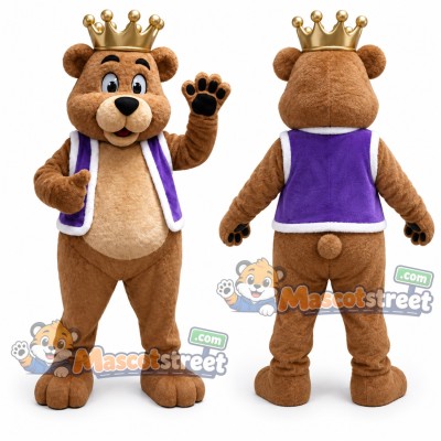 Brown Bear Mascot Costume with Purple Vest and Crown Brown Bear Mascot Costume with Purple Vest and Crown