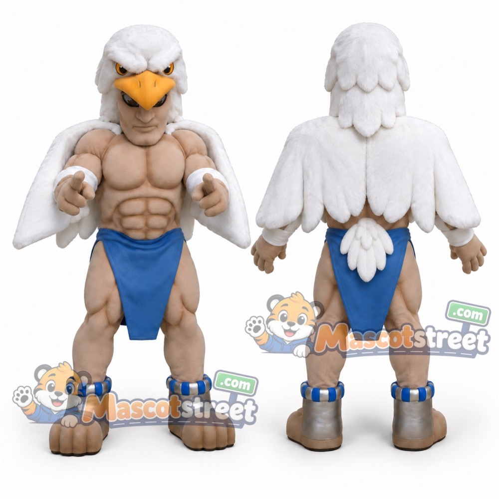 White Eagle Warrior Mascot Costume with Blue Loincloth and Sandals White Eagle Warrior Mascot Costume with Blue Loincloth and Sandals