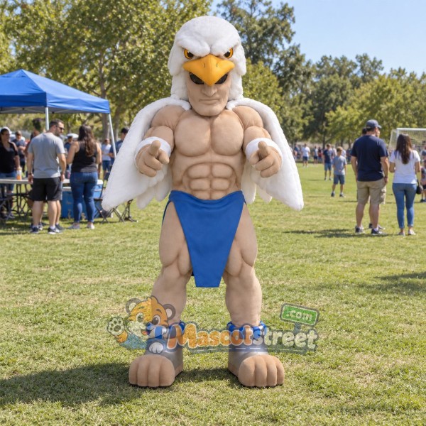 White Eagle Warrior Mascot Costume with Blue Loincloth and Sandals