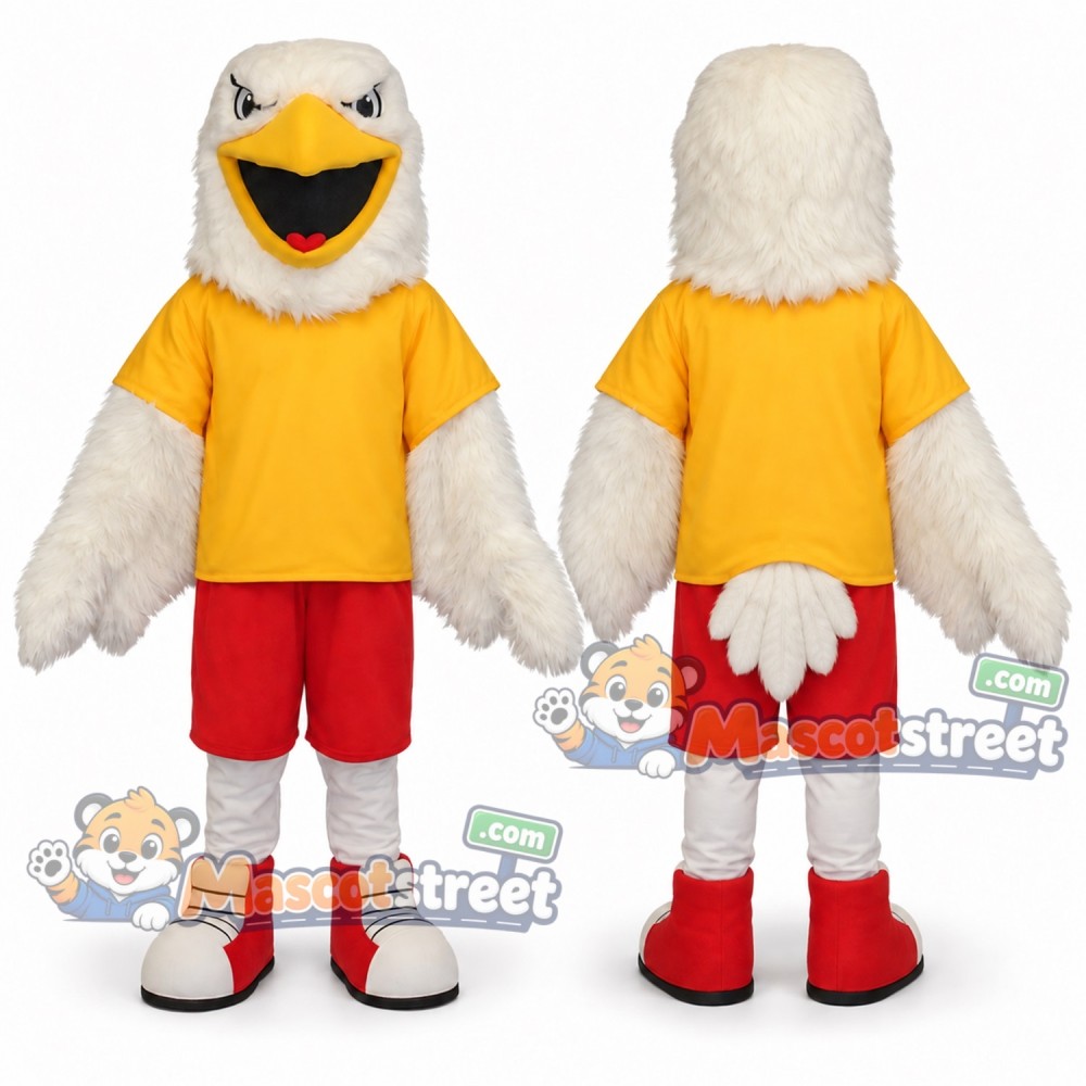 White Bird Mascot Costume with Yellow Shirt and Red Shorts White Bird Mascot Costume with Yellow Shirt and Red Shorts