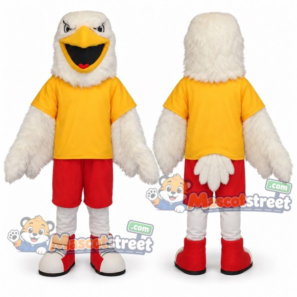 White Bird Mascot Costume with Yellow Shirt and Red Shorts