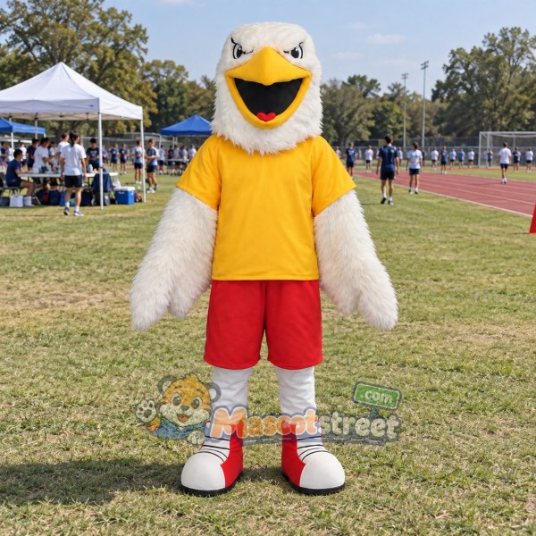 White Bird Mascot Costume with Yellow Shirt and Red Shorts