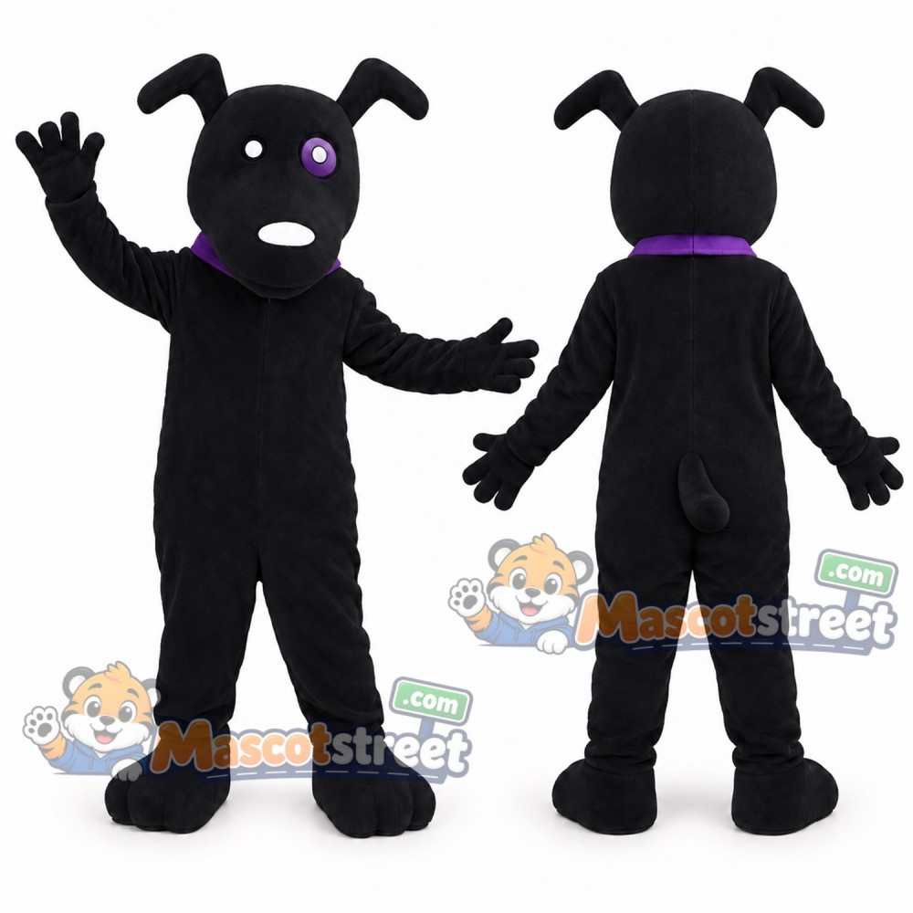 Black Dog Mascot Costume with Purple Collar Black Dog Mascot Costume with Purple Collar