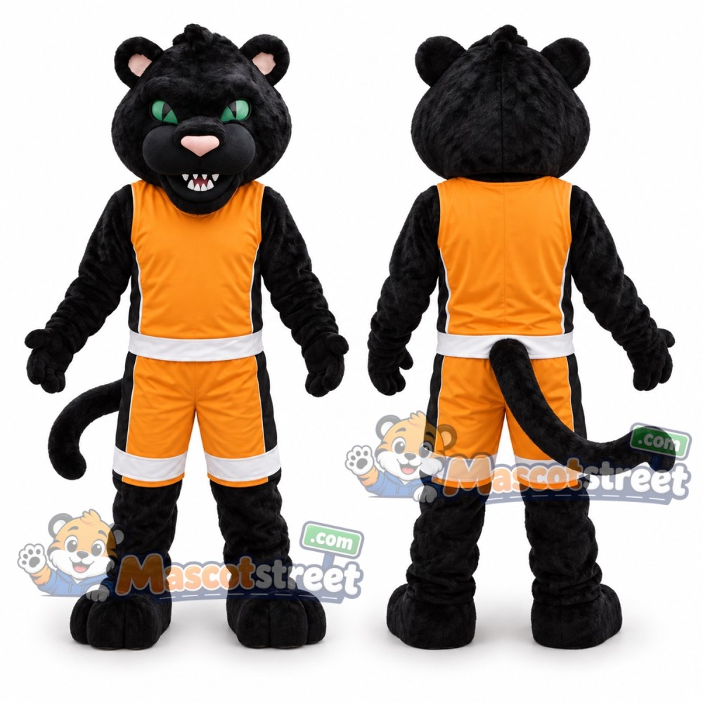 Black Panther Mascot Costume with Orange Sports Uniform