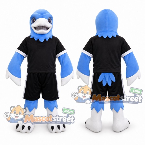 Blue Falcon Mascot Costume with Black Sports Uniform
