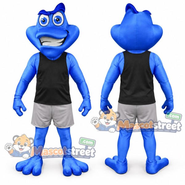 Blue Frog Mascot Costume with Black Shirt and Gray Shorts