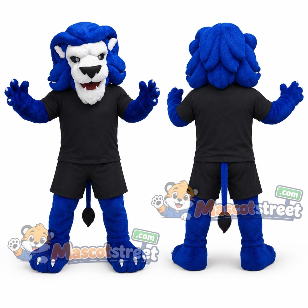 Blue Lion Mascot Costume with Black Sports Uniform Blue Lion Mascot Costume with Black Sports Uniform