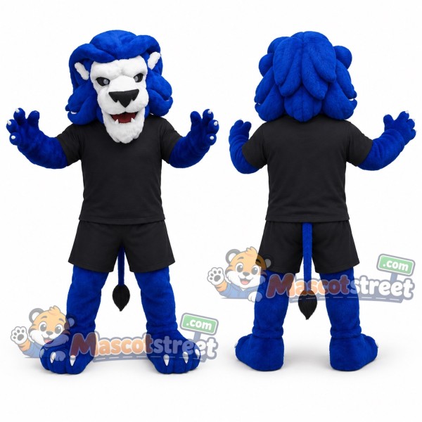 Blue Lion Mascot Costume with Black Sports Uniform