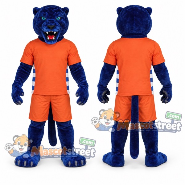 Blue Panther Mascot Costume with Orange Sports Uniform