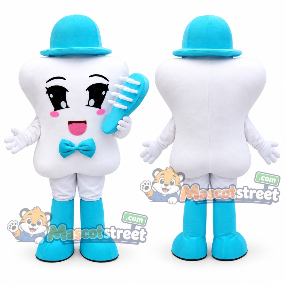 White Tooth Mascot Costume with Blue Top Hat and Bow Tie White Tooth Mascot Costume with Blue Top Hat and Bow Tie