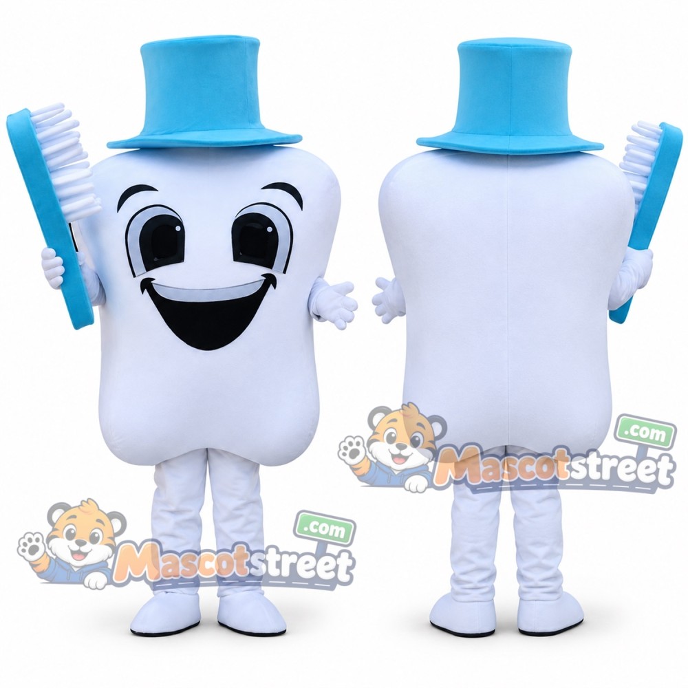 White Tooth Mascot Costume with Blue Top Hat