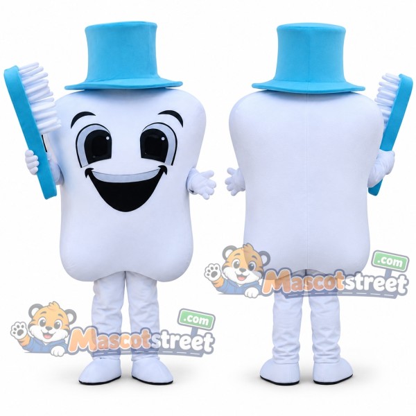 White Tooth Mascot Costume with Blue Top Hat