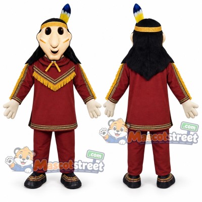 Man Mascot Costume with Red Tunic and Feathered Headband