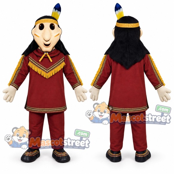 Man Mascot Costume with Red Tunic and Feathered Headband