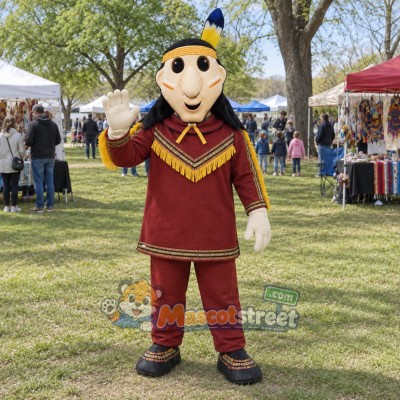Man Mascot Costume with Red Tunic and Feathered Headband