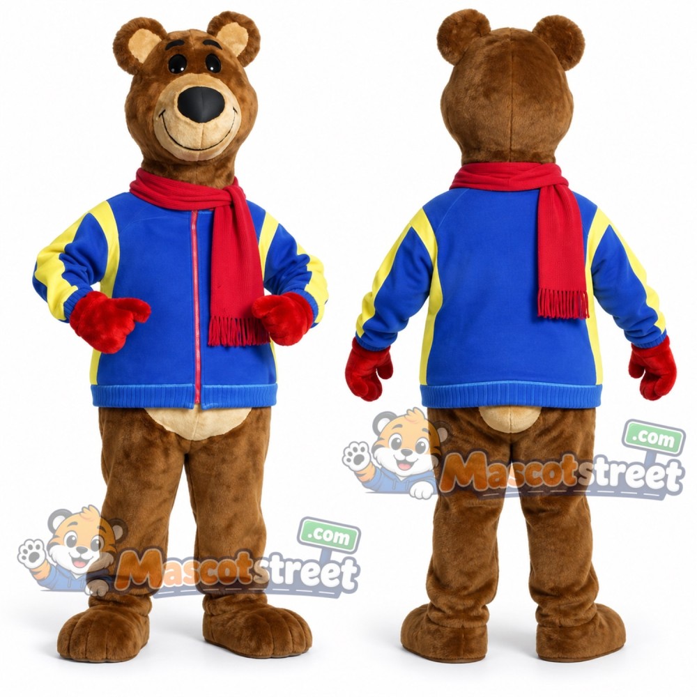 Brown Bear Mascot Costume with Blue Jacket and Red Scarf Brown Bear Mascot Costume with Blue Jacket and Red Scarf