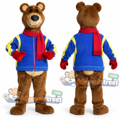 Brown Bear Mascot Costume with Blue Jacket and Red Scarf Brown Bear Mascot Costume with Blue Jacket and Red Scarf