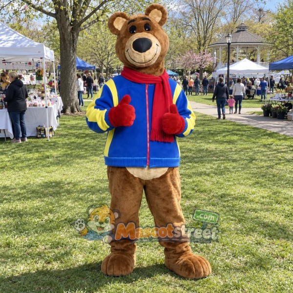 Brown Bear Mascot Costume with Blue Jacket and Red Scarf