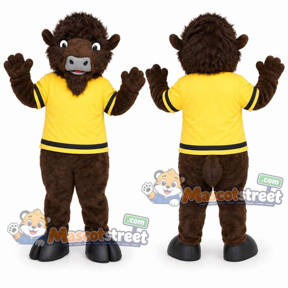 Brown Buffalo Mascot Costume with Yellow Shirt