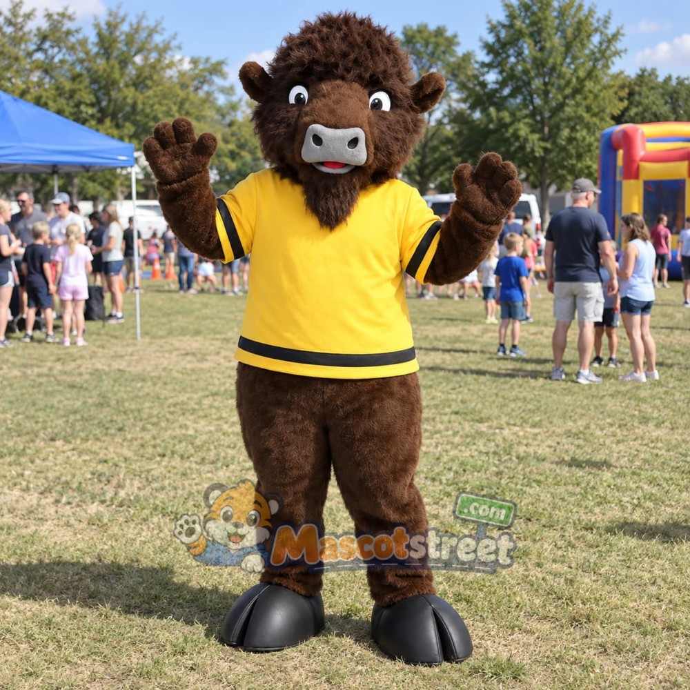Brown Buffalo Mascot Costume with Yellow Shirt