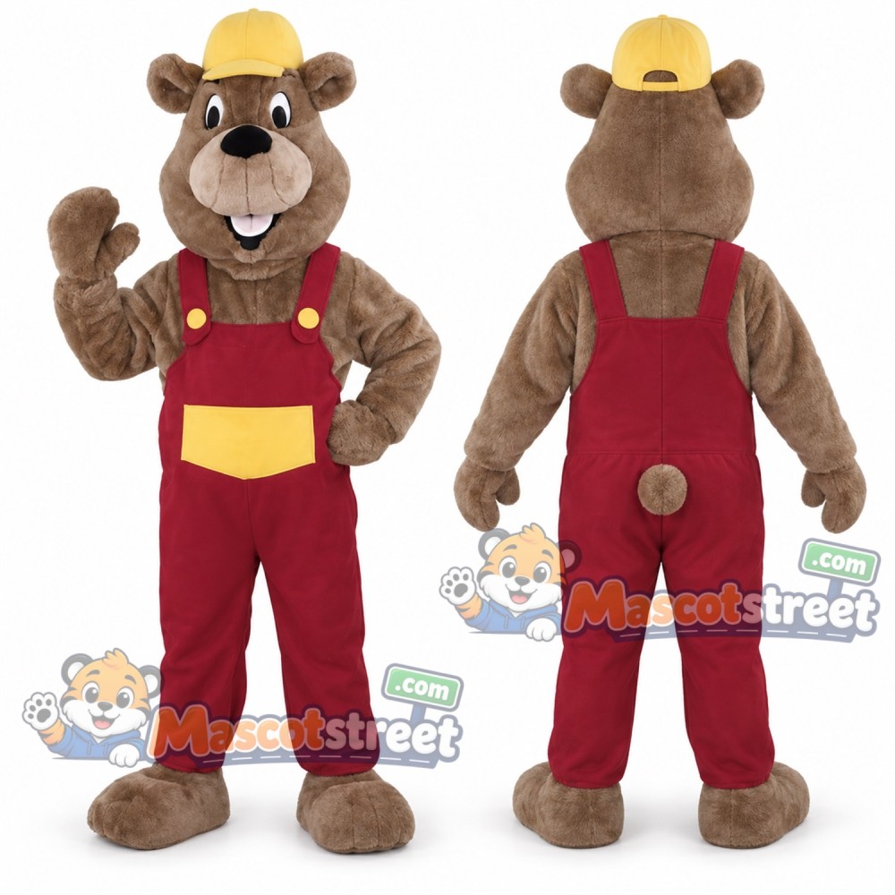 Brown Marmot Mascot Costume with Red Overalls and Yellow Hard Hat