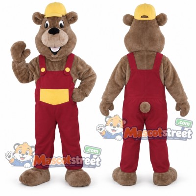 Brown Marmot Mascot Costume with Red Overalls and Yellow Hard Hat