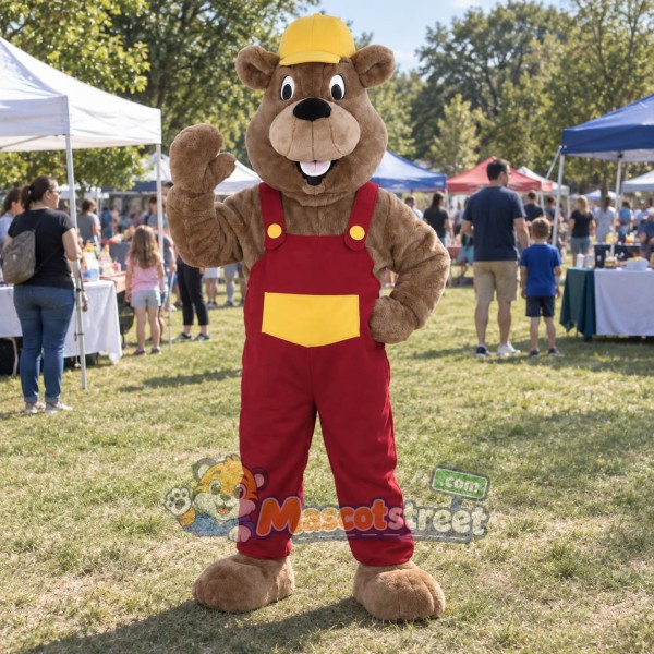 Brown Marmot Mascot Costume with Red Overalls and Yellow Hard Hat