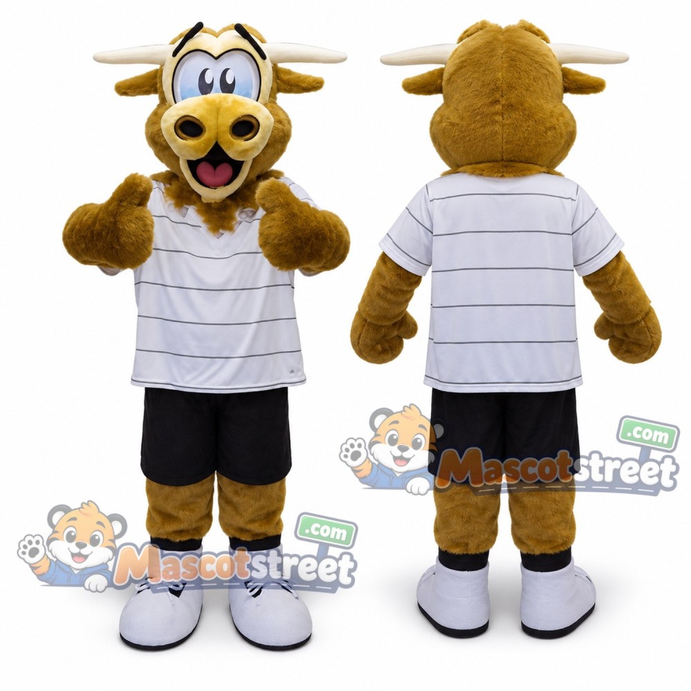 Brown Bull Mascot Costume with White Striped Shirt and Black Shorts